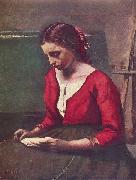 Jean-Baptiste-Camille Corot Lesendes Madchen in rotem Trikot painting